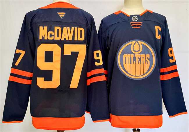 Mens Edmonton Oilers #97 Connor McDavid Navy 2024-25 C Patch Stitched Jersey